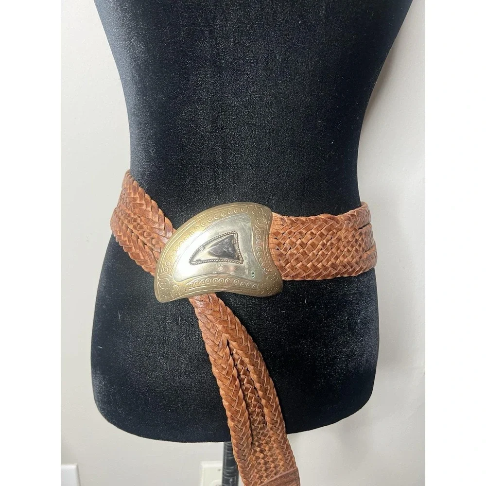 Chicos MOROCCAN BELT Braided Leather Belt, Silver-Toned Metal Vintage S/M